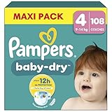 Pampers Baby-Dry Größe 4, 108 Windeln, 9 kg - 14 kg, für eine bequeme Nacht bis zu 100% ohne Auslaufen