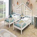 HUMNZR Hausbett, Doppelbett, Kinderbett mit Tisch, Rahmen aus Kiefernholz, weiß (90x200cm*2)