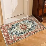 CHOSHOME Waschbarer Teppich Schlafzimmer Vintage Kurzflor Teppich Wohnzimmer rutschfest Teppich Läufer 60x110CM Vintage Teppich Outdoor Teppich Mit Orient Design Teppich Klein Innen Teppich Orange
