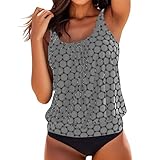 EQWIGKEIT badeoberteil Damen, Tankini Damen Bauchweg Push Up Bademode Drucken Zweiteiler Schwimmanzug Große Größen Oberteil Mit Badeshorts Hoher Taille Strandmode