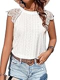 GORGLITTER Bluse Damen Elegant Sommer Bluse Mit Spitze Bluse Mit Schleife Öse Stickerei Bluse Spitzenbluse Top Weiß M