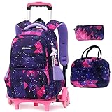 3pcs Trolley Kinder Tasche mit Rollen Schulrucksack Rucksack mit Rollen Schultasche Kinder Mädchen Kinderrucksack Grundschulen Backpack Kids Teens Violett 30x20x42cm
