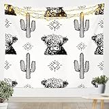 Loussiesd Kinder Hochlandkuh Wandbehang Kaktus Wandteppich 148x200cm Jungs Mädchen Western Boho Stil Weiß Wandtuch Retro Bauernhaus Cowboy Stil Wandkunst