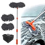 ACAREY Autowaschbürste mit Doppelter Bürstenkopf, 360° Drehung Teleskop Waschbürste mit 4 cm Microfaser Chenille Auto Waschbürstenüberzug ×4 und Mikrofasertücher ×1, für Auto, Van, Trucks, Caravan