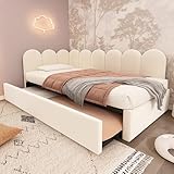 Tagesbett mit Lattenrost Daybett für Erwachsene Jugendliche Polsterbett Platzsparend Einzelbett Samt Schlafsofa für Schlafzimmer Gästebett Ohne Matratze Beige mit Ausziehbett 90x200 cm