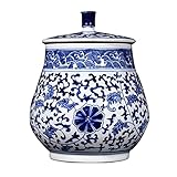 FUAVJOP Blaues und weißes Porzellan-Ingwerglas, Tempelglas, Teedose, Behälter, Keramik, abstrakte Lotus-Aufbewahrungsbehälter, Dosen mit Deckel, dekorative Gläser, Zuhause, Küche, Esszimmer, Dec