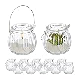 Relaxdays Windlicht Glas, 12er Set, Teelichthalter mit silbernem Henkel, HxD: 7,5 x 8 cm, Kerzenglas, rund, transparent