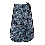 Lange Doppel-Ofenhandschuhe, ethnischer indischer Elefant, hitzebeständig, gesteppt, Küchenhandschuhe, mit Schlaufe, waschbar, für Mikrowelle, Kochen, Backen, Grillen, 17,8 x 88,9 cm
