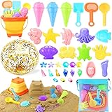 Echehi Sandspielzeug Set Für Junge Mädchen 39 Stück, Sandkasten Spielzeug Strandspielzeug Mit Falteimer, 16-Zoll Wasserball, Netzbeutel, EIS Sandförmchen, Edelsteine Outdoor Spielzeug Für Kinder 3-10