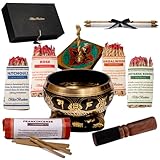 BlissBeckons Meditationszubehör Geschenkset, 11,4 cm tibetische Klangschale mit Klöppel und Kissen, Räucherstäbchen-Sortimentspackung mit Halter, Meditationsgedicht auf Schriftrolle