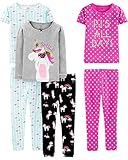 Simple Joys by Carter's Mädchen 6-Piece Snug Fit Cotton Pajama Set Pyjamaset, Blau Schildkröte/Grau Meliert/Rosa Tupfen/Schwarz Einhorn, 8 Jahre (3er Pack)