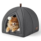 BEDSURE Katzenbett große Katzen Katzenhöhle- 44x44x44 cm Katzenhaus Indoor mit abnehmbarem Sherpa Katzenkissen und hängendem Spielzeug, Katzen Bettchen waschbar, dunkelgrau