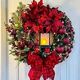 Türkranz Weihnachten Außen – 40cm Türkranz Weihnachten, Künstlicher Adventskranz mit Laterne, Kugeln, Beeren & Schleifen, Festliche Türkranz Dekoration für Innen & Außen (Rot)