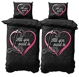 Leonado Vicenti 4 teilig Microfaser Partner Bettwäsche 155x220 Schwarz mit Herz in Pink und Love Fotodruck mit Reißverschluss