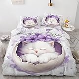 BSYYZQC Bettwäsche 135x200 Katze Bettwäsche-Sets Blumen Bettbezug Weiche Atmungsaktiv Mikrofaser mit Reißverschluss und 2 Kissenbezüge 80x80 für Kinder Geeignet