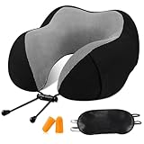 Nackenkissen Flugzeug - Ergonomisches Nackenhörnchen für Erwachsene, Reisekissen Memory Foam Verstellbar, Kompaktes Nackenkissen Reise mit Ohrstöpseln, Augenmaske, Tragetasche, Weich und Atmungsaktiv