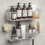 Meltrck Duschablage Ohne Bohren - 2 Stück Badezimmer Regal Organizer - Rostfrei Duschregal Selbstklebend für das Badezimmer mit Haken (Silber)