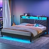 Rolanstar King Size Bettgestell, Bettkopfteil mit Ladestation und LED-Lichtern, Polsterbett mit robusten Holzlamellen, kein Boxspringbett nötig, geräuschfrei, einfache Montage, Dunkelgrau