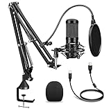 aokeo USB Mikrofon, 192kHZ / 24bit Podcast-Mikrofonsets mit Mikrofonständer, Stoßdämpferhalter, Windschutzscheibe, Popfilter, für Rundfunk, Aufnahme, YouTube,Podcasts