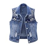 Jeansjacke, Damen-Jeansweste Jacke Dunkelblau Zerrissen Distressed Perlen Ärmellos Button-Up Western-Jeansjacke Modische Waschung Verblasste Denim-Gilet Lässige Lockere Oberbekleidung Oberteile XL