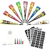 Temporäre Tätowierung kit-9-farbiger Temporary Tattoo Paste Cone mit 107-teiligem Schablonenset, 1 Applikatorflasche und 5 Kunststoffdüsen.