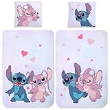 Lilo und Stitch Disney Kinder-Bettwäsche Set Angel Hearts - 135 x 200 cm + 80 x 80 cm - 100% Baumwolle Renforcé Linon-Qualität Wendebettwäsche Bettzeug Bettbezug mit YKK Reißverschluss Deutsche Größe