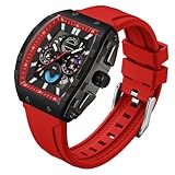 findtime Herrenuhr, Chronograph, analog, Sport, wasserdicht, Laufen, Stoppuhr, Tonneau-Uhren für Herren, leuchtende Mondphasen, rot