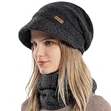 WANYIG Damen Wintermütze Strickmütze mit Schal mit Schal Herbst Damenmützen Winter Schal und Mütze Set mit Visier/Weichem Innenfutter Gefütterte (Schwarz)