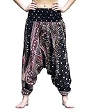 Bohotusk Damen Haremshose mit niedrigem Schritt, Boho-Stil, gesmokte Taille, mit Tasche, Loungehose für Yoga – Spenden für geboren freie Elefanten Gr. S-M, Schwarzer Pfau