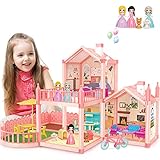 deAO Puppenhaus für Mädchen, Puppenhaus mit 3 Puppen Figur, Möbel, Zubehör, Villa Dollhouse, Prinzessin Traumhaus Spielzeug Geschenk für Mädchen ab 3 4 5 6 7 8 Jahre (Helles Orange)