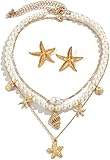 PacuM 2 Stück Seestern Kette Schmuckset Boho Starfish Necklace Verstellbar Muschelkette Seestern Ohrringe Gold Sommer Schmuck Damen Mermaid Jewelry für Den Alltag Feiertage Anlässe