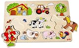 goki 57995 Steckpuzzle Bauernhof VI für Kinder Holzpuzzle mit Traktor und Hoftieren Pferd, Schwein, Schaaf, Hahn, Kuh, atürlicher Holzhintergrund, 9er Set, ab 1 Jahr