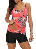 Durio Badeanzug Damen Bauchweg Frau Bademode Badeanzüge Tankinis Tankini mit Hotpants Badebekleidung Zweiteilig mit Streifen,Z Rot mit Schwarzen Blumen,EU 42 (Etikett XL)