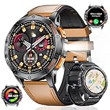 Herren-Smartwatch mit GPS-Kompass, LED-Taschenlampe, 3,6 cm AMOLED-Smartwatch für Herren, Bluetooth-Anruf für Android iOS, 530 mAh, großer Akku, männliche Smartwatch, braunes Silikon,