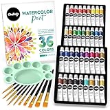 Chalkola Aquarellfarben-Set für Anfänger und Profis | 36 watercolor set (12 ml, 0,4 oz) 10 Pinsel & 1 Palette | Helles Aquarell farben für Leinwand | Kunst- und Malbedarf für Kinder und Erwachsene