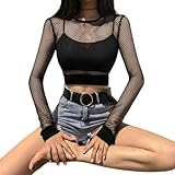Damen-Mesh-Cropped-Tops, transparente Langarm-Shirts, O-Ausschnitt-Shirts, Crop-Tops-Schwarz-L