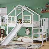 Gegtuon Kinderbett Bett 90x200 für Kinder, Hochbett mit Offenen Treppe Stauraum & Rutsche, Holzbett Hausbett mit Dach, Etagenbett Bettgestell mit 1x Lattenrost & Rausfallschutz, ohne Matratze (Weiß B)