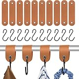 Veftsvy 10 Stück Haken mit Lederschlaufe, 12,5 x 3cm Haken zum Einhängen, Edelstahl S Haken Braun, Kleiderhaken für Garderobe Kleiderstange Stange Küche Badezimmer