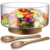 NiHome Salatschüssel Glas Set mit Salatzange aus Akazienholz, Salatschüssel Groß und erhöhter Stabilität, vielseitige Servierschale für Salate, Obst, Hauptgerichte