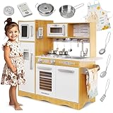 Mamabrum Holz-Spielküche LED-Beleuchtung, Kinderküche Zubehör Set - Ofen, Mikrowelle, Kochfeld, Wasserhahn, Kühlschrank & Spielzeug-Kochutensilien für Kinder (15 Teile)