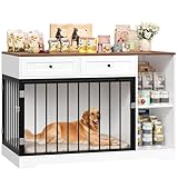 FirFurd Hundekäfig Möbel 120cm breit Hundebox für Zuhause Hundehütte Hundezwinger Hundekäfig aus Metall und Holz Hundebox mit 2 Schubladen 120 x 87 x 60 cm Braun & Weiß