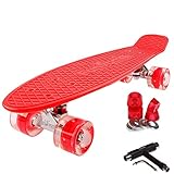 FunTomia 57cm Mini-Board Skateboard mit oder ohne LED Leuchtrollen inkl. Aluminium Truck, ABEC-9 Kugellager und T-Tool (Rot)