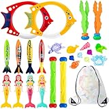 Vinitoy Tauchspielzeug-Set: 24 Stück Pool Spielzeug mit Tauchringen, Meerjungfrauen, Toypedo Banditen, Tauchstöcken, Algenspielzeug und Edelsteinen für Kinder ab 5 Jahren, inkl. Tragetasche