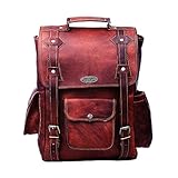 HULSH Handgefertigter 40,6 cm großer brauner Leder-Rucksack für Herren im Vintage-Stil, einfach zu öffnen, mit Push-Lock-Verschluss Damen und | Laptop-Rucksack aus Leder gepolstertem Laptopfach