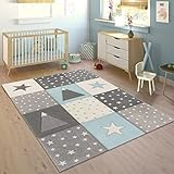 Paco Home Kinderteppich Teppich Kinderzimmer Junge Mädchen Pastell Modern Kariert Punkte Mond Sterne Weiß Grau Blau, Grösse:160x230 cm
