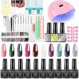 UV Nagellack Set mit 54W UV Lampe, 10 Farben Komplett Shellac Set Starterset mit LED Lampe, Gelnägel Set mit Base Coat+Glossy&Matte Top Coat+Strasssteine+Nail Werkzeug, Perfekt für Anfänger & Profis