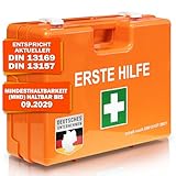 Floordirekt Erste Hilfe Koffer für Betriebe DIN 13157:2021 gefüllt inkl. Wandhalterung | 1 Hilfe Verbandkasten Set für Zuhause, Büros und Gastro, Notfallbox bis 50 Mitarbeiter (28 x 20 x 11,5 cm)
