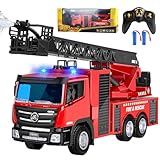 Joellfuner Spielzeug Feuerwehrauto Groß, 1:18 2,4G Feuerwehr Ferngesteuert, Feuerwehr Auto mit Drehleiter und Spritzfunktion, Feuerwehrauto Spielzeugauto mit Licht und Sound, 4 Radantrieb (Batterie*2)