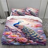 MLUNKQAIL Bettwäsche Set Lotus Bettbezuege Pfau 3 Teilig Aus Mikrofaser Bettbezug 220x240cm Mit 2 Kissenbezug 80x80cm Weich Und Bequem 3D Digitaldruck