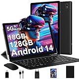 DMOAO Tablet 10 Zoll Android 14 mit 5G WLAN 6, 18 GB RAM + 128 GB ROM(TF 1TB), Widevine L1, Octa-Core, BT 5.0, Face ID, FHD 1280 * 800 IPS, 6000 mAh, 2 in 1 Tablet mit Tastatur + Maus, Schwarz